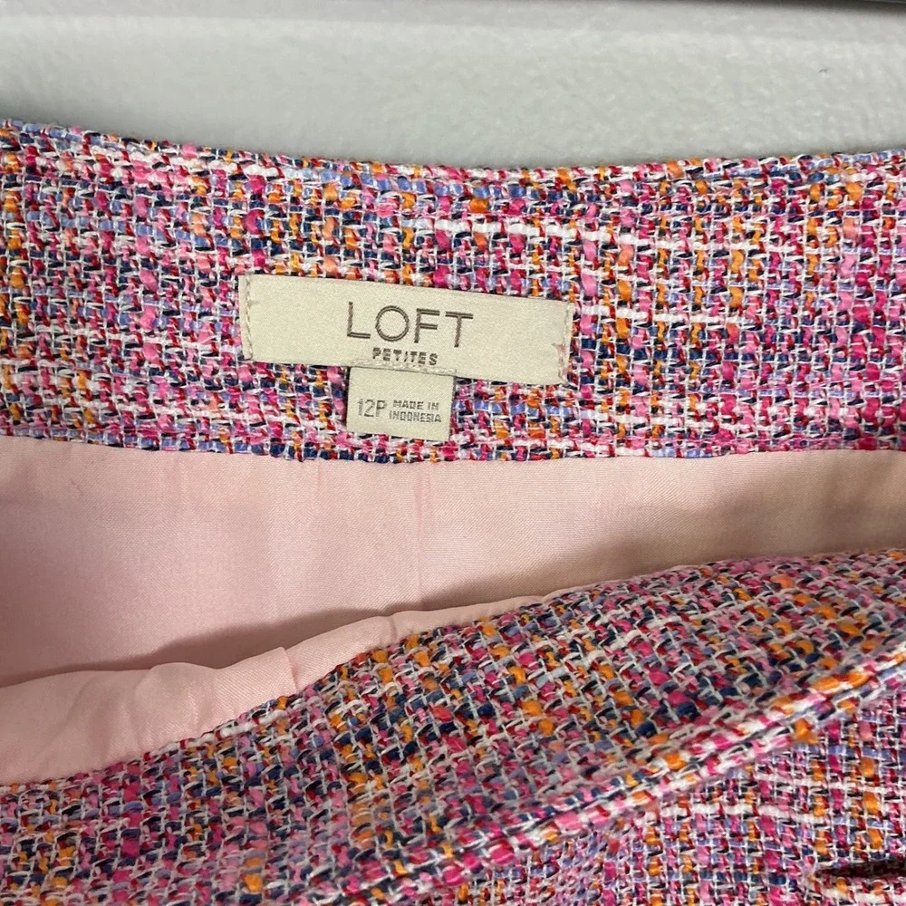 LOFT Petites Pink Multi Color Tweed Mini Skirt Size 12P Side Zip A-Line